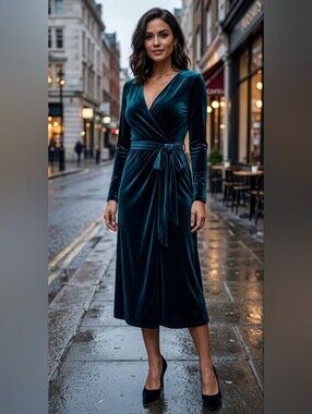 Velvet Wrap Midi Dress - Forest Green